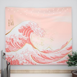 Ovenbird Wave Tapestry Pastel Pink and Gold, Japanese Tapestry for Bedroom Aesthetic, Pink Tapestry Wall Hanging, 59" X 51"