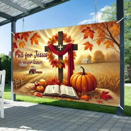 BlissYard Fall for Jesus Banner He Never Leaves Christian Autumn Harvest Decorations 71x43 Inch for Indoor Outdoor Church Home Decor Faith Theme Backdrop For Girls or boys gifts Banners