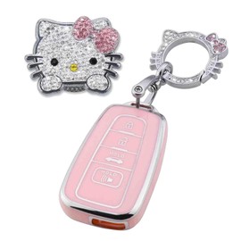 Pangpai Pink Car Accessories 3 Pcs for 2018-2022 Toyota Camry RAV4 Highlander Avalon C-HR Prius Corolla GT86 Key Fob Cover with Bling Keychain Cute Push to Start Button Cover