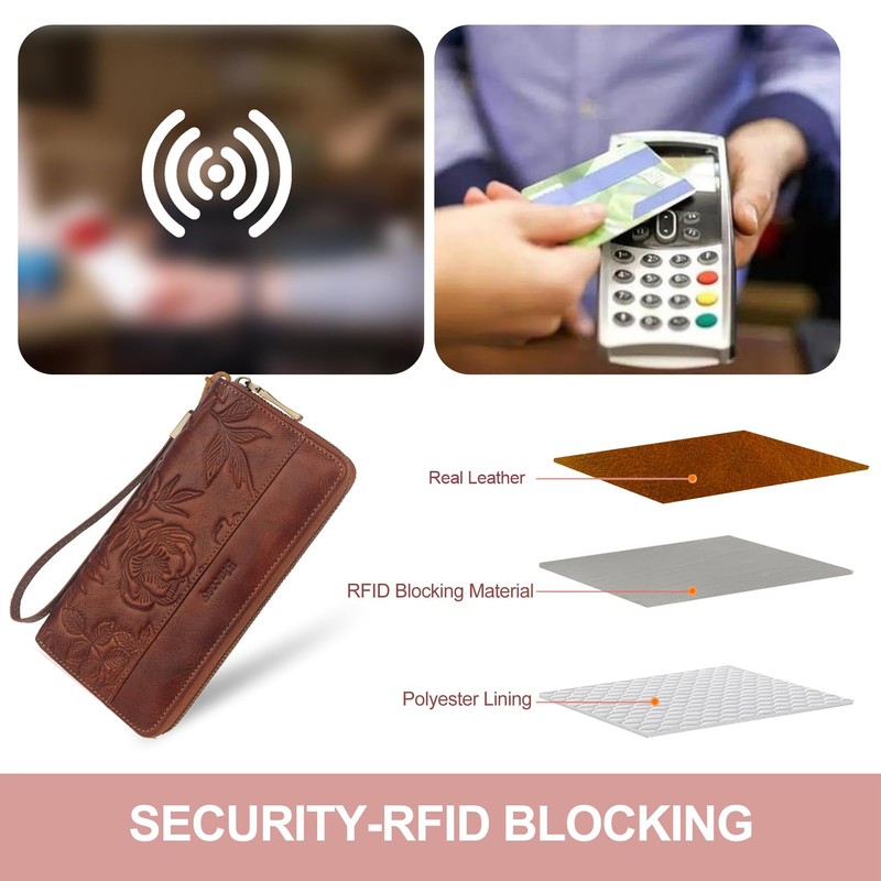 Blucoay Real Leather Womens Wallet,RFID Blocking Long Wallet For Women