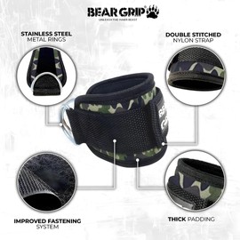 BEAR GRIP - Ankle Straps for Cables (Pairs) - Strong Closure, Double Stainless Steel D-Ring, Adjustable Neoprene - Premium Ankle Cuffs to Enhance Abs, Glute & Leg Workouts
