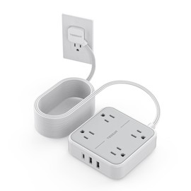Flat Plug Extension Cord Indoor 25 Feet, Power Bars with Surge Protector, TESSAN Power Strip with 4 Multiple Outlets 3 USB Ports (1 USB C), Surge Protection for Dorm Room Home Office, Gray