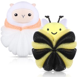 Nuenen 2 Pcs Bath Loofahs Kids Toddler Cute Cartoon Bath Sponges Loofah Pouf Body Scrubber Mesh Sponges for Children Shower Washing Exfoliating (Sheep, Bee)