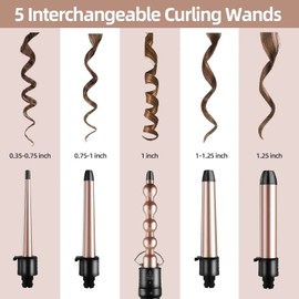 5 in 1 Curling Iron Wand Set, Ohuhu Upgrade Curling Wand with 5Pcs 0.35 to 1.25 Inch Interchangeable Ceramic Barrel and Heat Protective Glove, Dual Voltage Hair Curler Mother's Day Gifts Rose Gold