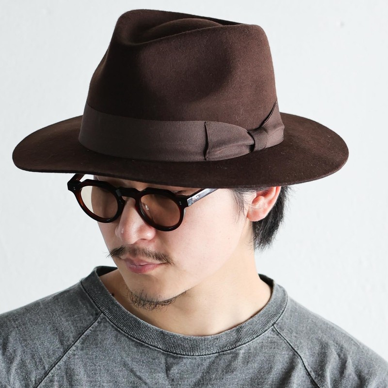 ReqHatter Middle Brim Flat Felt Hat, Center-Fold Fedora, Wide Brim,