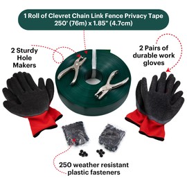 Clevret Chain Link Fence Privacy Tape Green Weather Resistant PVC 250 ft (76m) x 1.85” (4.7cm) with 250 Plastic Fasteners Includes 2 Sturdy Hole Makers and 2 Pairs of Work Gloves