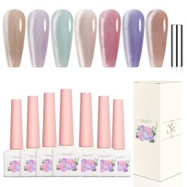 Adhere 7Pcs 12ML Cat Eye Soak Off UV LED Gel Nagellack Set, reflektierende Glitter Cat Eye, funkelnde Diamant Magnet Champagner, hellviolett, romantische rosa Farbe mit Magnet