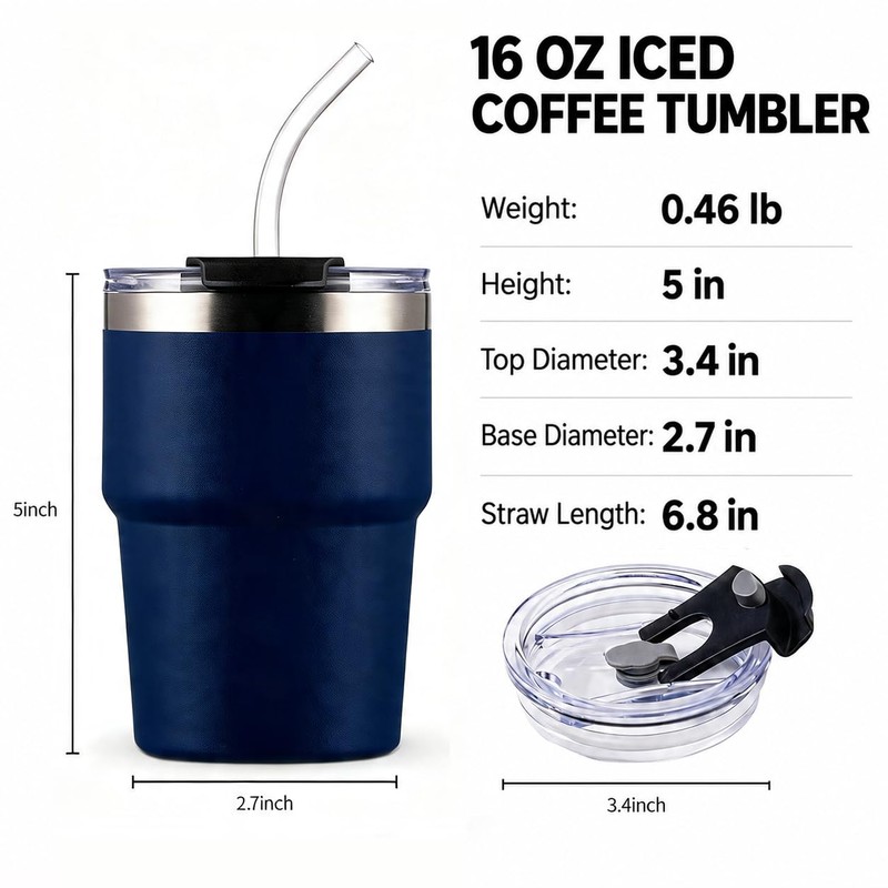 16 oz Stainless Steel Insulated Tumbler with Straw and Lid,