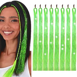 Hair Tinsel 50inch 8packs 1600 Strands Light Grass Green Tinsel Hair Extensions Shiny Hair Accessories Sparkling Fairy Glitter Hair Extension for Women Girls Kids(50",Light Grass Green)
