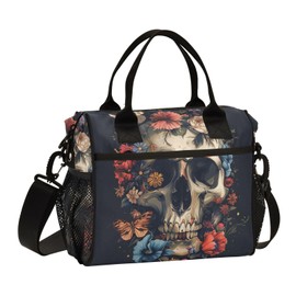 ALAZA Vintage Skull Flowers and Butterfly Insulated Lunch Bag for Women Men,Reusable Cooler Tote Shoulder Bag for Picnic Camping Work Office Beach College