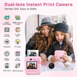 Kids Camera Instant Print, Dual-Lens 48MP Digital Camera for Christmas Birthday Gifts, 1080P Selfie Instant Cameras for Kids with 32GB Card, Instant Print Digital Camera for Girls Boys-Pink