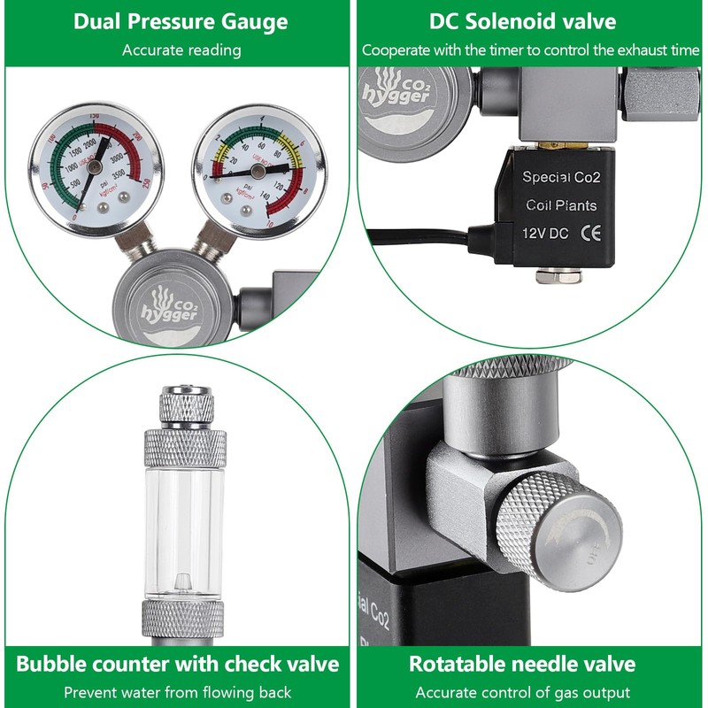 Aquarium Co2 Regulator, Dual Gauge Accurate Display, with 12V DC