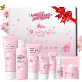 Sakura Skincare Set, 7PCS Face Care Kits With Niacinamide & Vitamin C for Cleansing, Hydrating & Anti-Aging, Christmas Birthday Gift for Women Teenage Girls Friend Wife, Travel TSA-friendly Sized