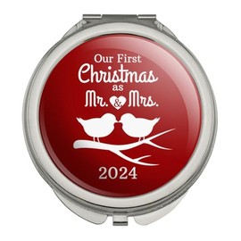 GRAPHICS & MORE Our First Christmas as Mr and Mrs 2024 Married Kissing Birds Red Background Compact Travel Purse Handbag Makeup Mirror