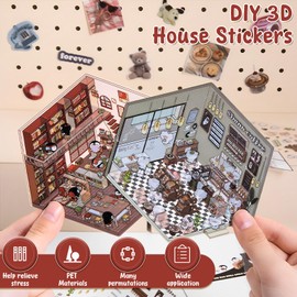 Pack of 12 DIY 3D House Stickers, Decorative 3D Stickers for Miniature Homes, Funny DIY Stickers for the Scene for Small Room, Flower House, Cafe, Bakery, Library