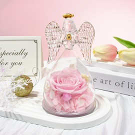 Sunia Preserved Flower Rose Gifts for Mom, Birthday Gifts for Women Grandma Wife, Real Rose in Glass Angel Figurines Christmas Mother's Day Anniversary Valentines Thanksgiving and Wedding Gifts