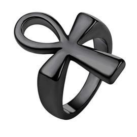 U7 Cool Signet Ring Ion Plating Black Metal Stainless Steel Polished Ankh Cross Ring for Men Women, Size 7