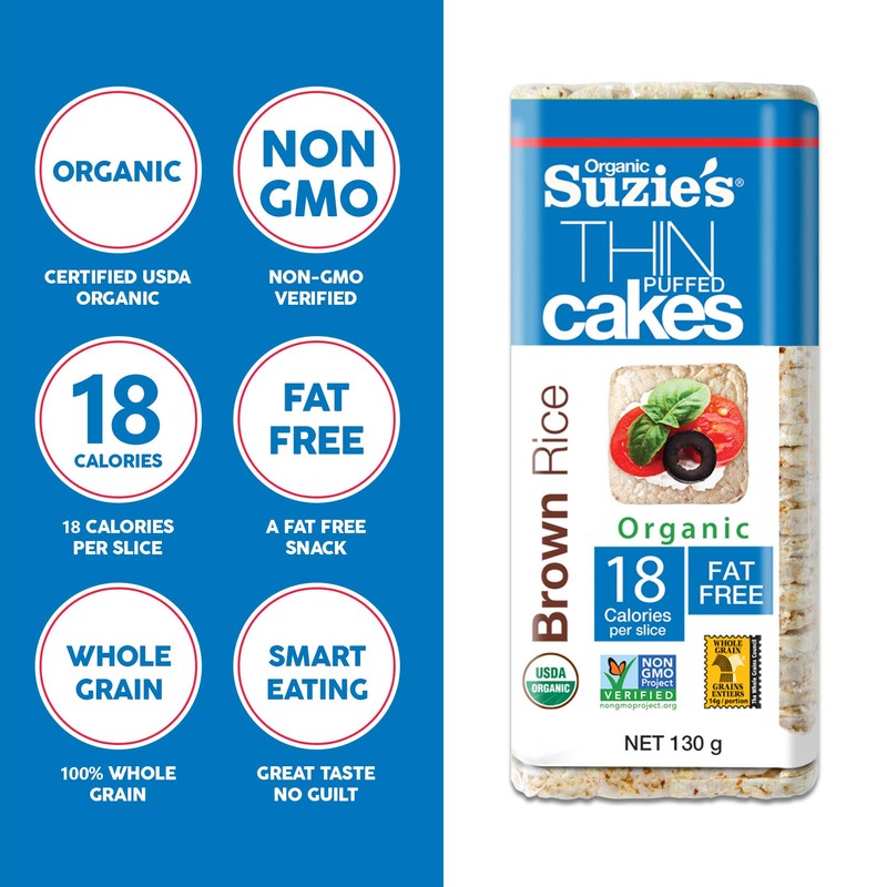 Suzie's Organic Brown Rice Cake Thins|6 Pack|Unsalted Sodium Free|USDA Organic,