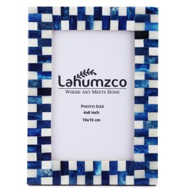 Lahumzco Bone Picture Photo Frame Gingham Pattern Art Inspired Vintage Table-Top/Wall Décor Handmade Frames (4x6 Inches, Blue White)