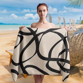 WAITPI Abstract Neutral Beach Towel, Minimalist Black and Beige Line Beach Towels Oversized Gifts for Women Girls, Abstract Quick Dry Travel Sand Free Towel Decor for Bathroom Swimming Pool 30x60in