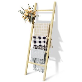 Delywh Wooden Blanket Ladder, 4.8ft Throw Blanket Holder for Living Room, Bedroom, Rustic Decorative Quilt Towel Rack Stand Ladders, Farmhouse Wood Ladder Home Decor for Blankets Display, Nature Wood