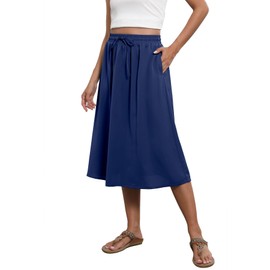 TASAMO Flowy Skirt Midi Length Elastic High Waist A-Line Skirt with Pockets Bohemia for Women Trendy Navy Blue