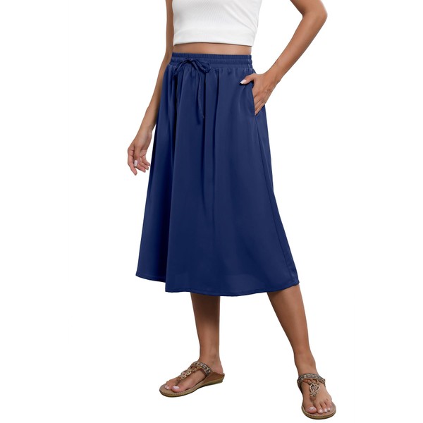 TASAMO Flowy Skirt Midi Length Elastic High Waist A-Line Skirt