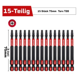 GEINXURN Pack of 15 T20 Impact Resistant Screwdriver Bit Set, 75 mm Length, Strong Magnetic #20 Torx Screwdriver Bit, 1/4 Inch Hex Shank Drive Bits, S2 Alloy Steel T20 Screwdriver Bits Set