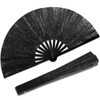 Qyeahkj Glitter Large Folding Hand Fan - Black Rave Clack