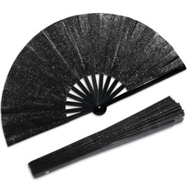 Qyeahkj Glitter Large Folding Hand Fan - Black Rave Clack Handheld Chinese Tai Chi Kung Fu Foldable Fabric Decorative for EDM Club Party Dance Performance for Men Women