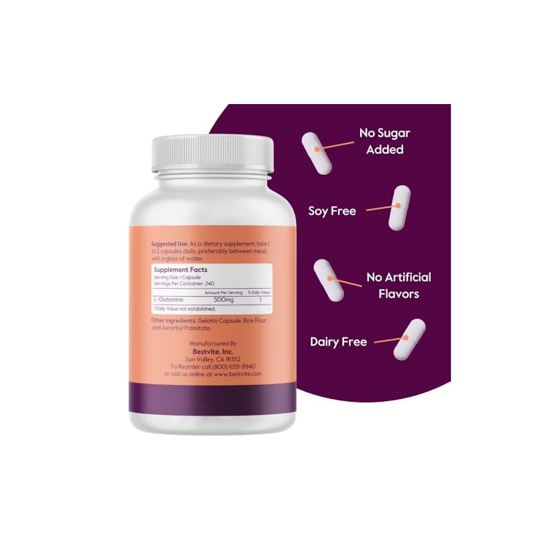 L-Glutamine 500mg Free Form (240 Capsules) by Bestvite