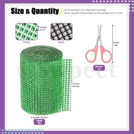 Swpeet 1 Roll 4.7Inch × 4.5 Yards 24 Rows Green Rhinestone Ribbon with Scissors，Faux Crystal Rhinestone Mesh Ribbon，Bling Diamond Wrap Trim Ribbon for Wedding Decorations DIY Crafts