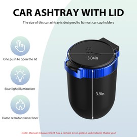 FSTURIOS Car Ashtray with Lid, Detachable Smokeless Auto Cup Holder Ashtray with LED Blue Light, Stainless Steel Ash Tray Portable Mini Vehicle Trash Can for Car Home Outdoor (Blue)