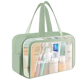 Clear Toiletry Bag Dry Wet Separation, Double Layered PVC Makeup Bag, Portable Travel Wash Bag with Zipper, Large Travel Accessories for Women and Men(Green)