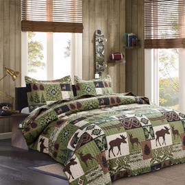 Quilts Set Queen Size Rustic Quilt Bedspread Coverlet Queen Quilt Bedding Lodge Country Patchwork Bear Bedding Home Lightweight Quilt Reversible Rustic Bedding Forest Animal Moose Cabin Bedding Olive