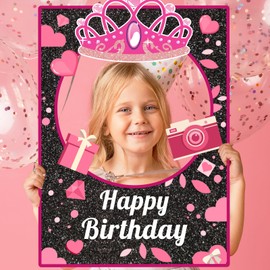 30 Pcs Pink Girls Birthday Photo Booth Props Kit - Hot Pink Princess Birthday Party Decoration Set with Real Glitter Cute Designs for Her, Funny Selfie Photo Booth Props for Kids Girls Any Bday Party