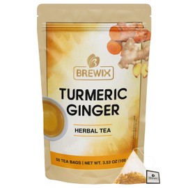 BREWIX, Turmeric Ginger Herbal Tea Bags (50 Pyramid Tea Bags) Immune Support | Naturally Caffeine Free, Gluten Free | Ayurvedic | Real Ingredients From India