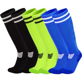 YMYDYFC Kids Soccer Socks Toddler Soccer Socks Boys Girls Athletic Socks Youth Knee High Socks 4-12Years Black/Blue/Fluorescent Green_3pack Medium(8-12Years