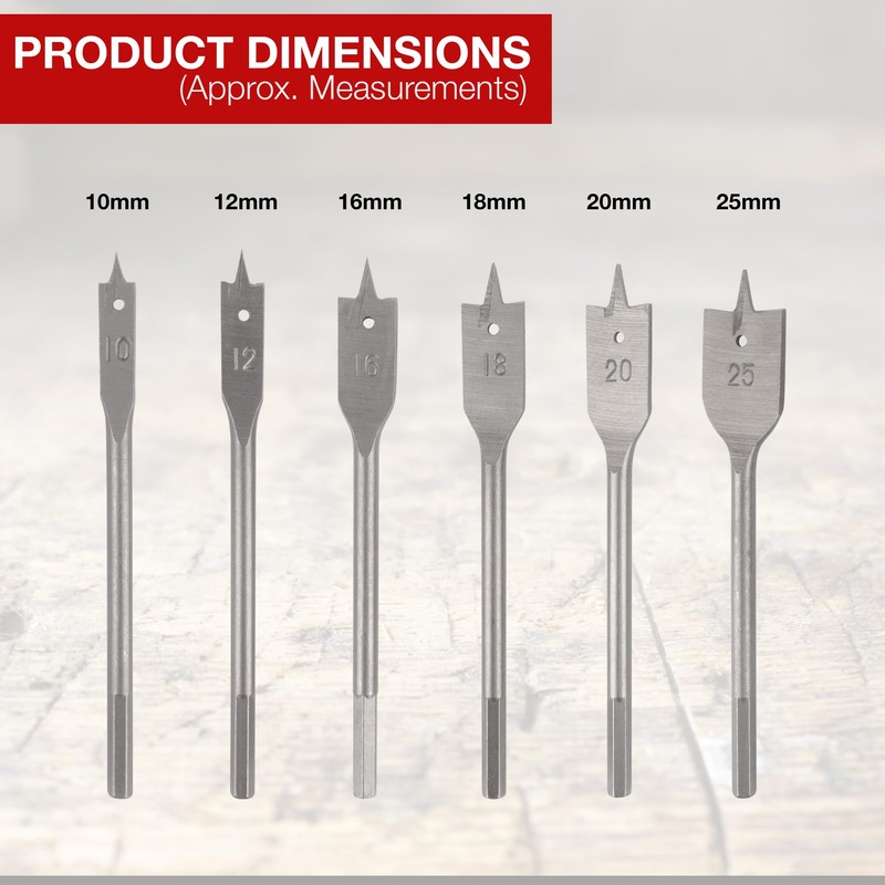 6 Heavy Duty Spade Drill Bits Set with a Vinyl