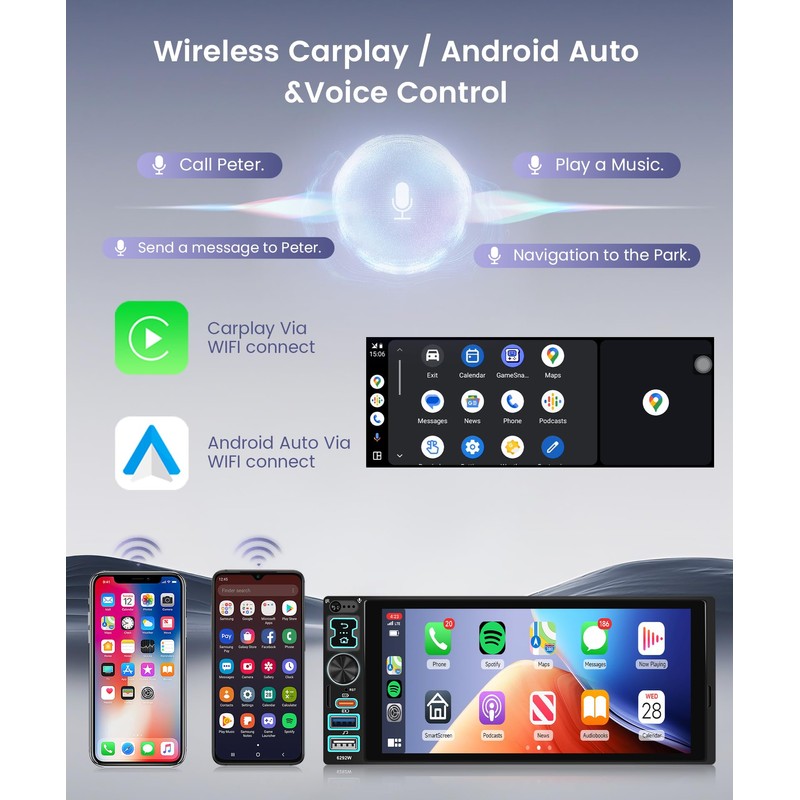 Single Din Car Stereo Wireless Carplay Android Auto, 6.8 Inch