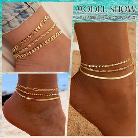 TELAIN Pack of 5 Gold Foot Bracelets for Women, 14k Gold Platinum Plating, Waterproof, Cuban Chains, Ankle Set, Layered Foot Bracelets for Beach Gifts, Adjustable Size, gold, L