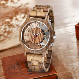 Realpoo Men's Transparent Watch Hollow Arabic Numeral Dial Quartz Wooden Men's Watch, Quartz Movement Vintage Natural Wooden Strap Watches for Men