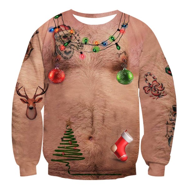 uideazone Ugly Christmas Sweater Funny Chest Hair X-mas Long Sleeve Pullover Top for Christmas Party Plus Size 2XL