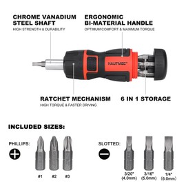HAUTMEC 6-in-1 Stubby Ratcheting Screwdriver Set, Multi Screwdriver Tool All in One, Ratchet Screwdriver Set with Multi Bit Screw Driver, Chrome Vanadium Steel Shaft, 3PCS Phillips and 3PCS Slotted