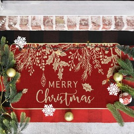 Artoid Mode Red Holly Mistletoe Merry Christmas Doormat, Xmas Winter Home Decor Low-Profile Switch Rug Door Mat Floor Mat for Indoor Outdoor 17x29 Inch