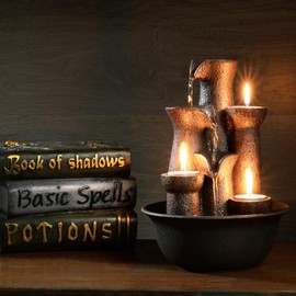 Tabletop Fountain 3 Candles, Indoor Waterfall Fountain for Meditation, Desktop Waterfall Fountain 3 Tiered, Resin Room Decor for Office Home Relaxaion, Housewarming Gifts New Home, Brown with Rocks