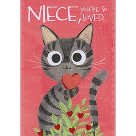 Designer Greetings Cute Gray Kitten Hugging Small Red Heart: Plant with Heart Shaped Flowers Juvenile Valentine's Day Card for Niece