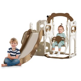 CuFun 6-in-1 Toddler Slide Playground Set with Swing, Kids Slide with Climber,Basketball Hoop, Telescope and Storage Space, Slide for Toddlers Age 2-5 Outdoor & Indoor Playground