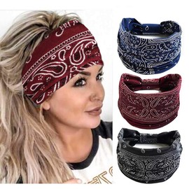Aceorna Boho Bandeau Headbands Wide Knot Hair Scarf Floral Printed Hair Band Elastic Turban Thick Head Wrap Stretch Fabric Cotton Head Bands Thick Fashion Hair Accessories for Women 3 Pcs (Elegant)