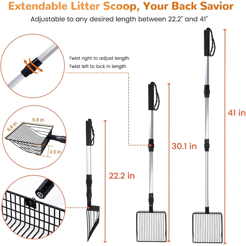PETOCAT Metal Cat Litter Scoop with Holder, 43" Extendable Long